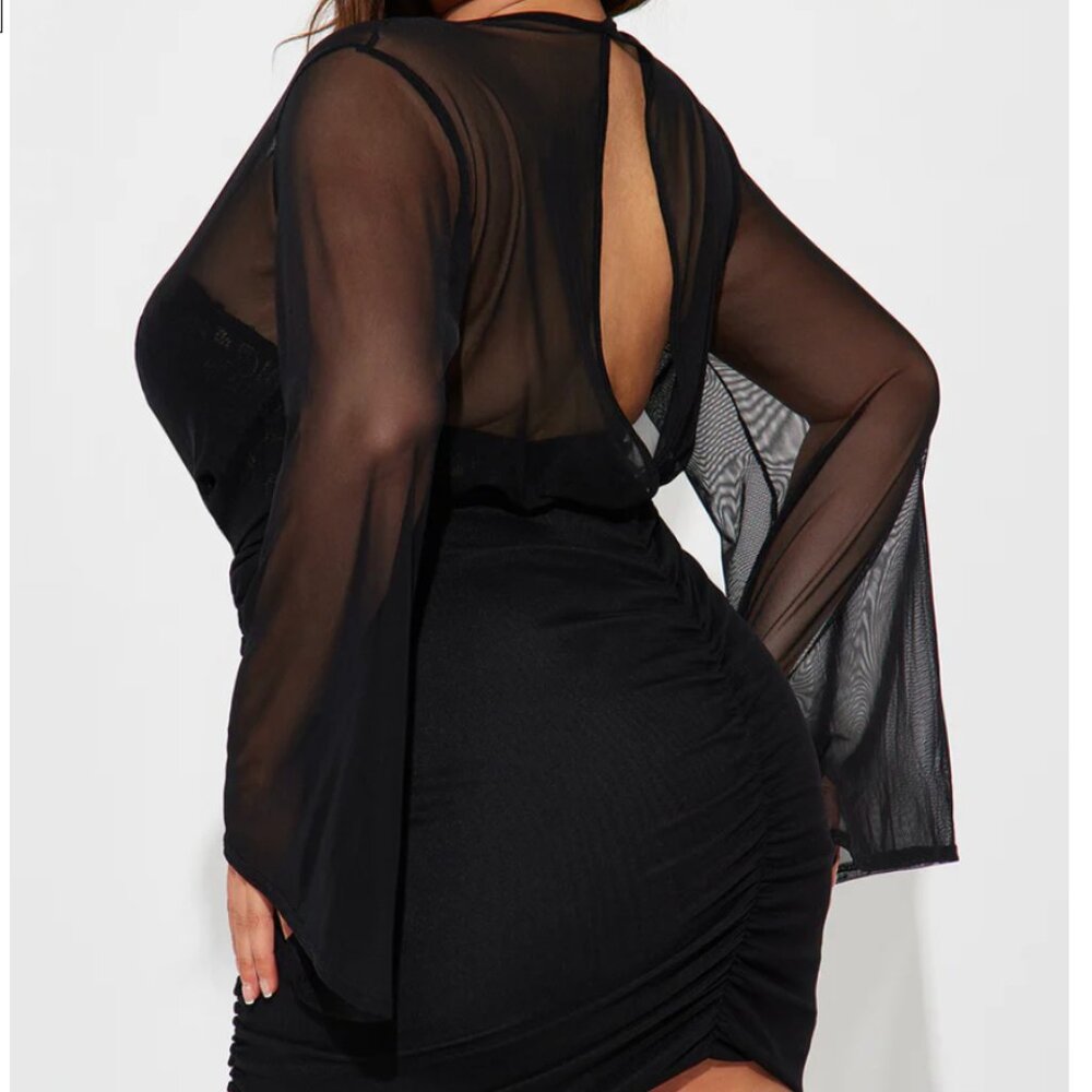 Fashion Nova Ready For Everything Black Mesh Sleeve Ruched Mini Dress in 2XL - Picture 3 of 4